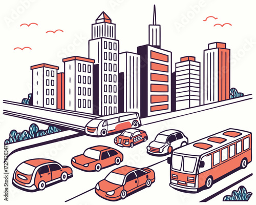 Flat vector illustration of a traffic jam in a big city with colorful cars, buses, and motorcycles stuck on a multilane road with skyscrapers behind