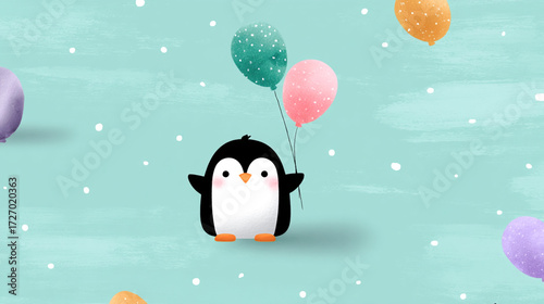 Cute cartoon penguin holding balloons on pastel background with snow and floating balloons