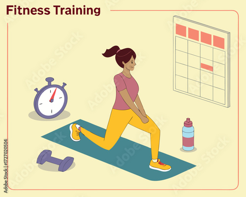 Fitness training illustration showing a woman doing lunges with dumbbells on a gym mat, stopwatch and water bottle nearby, progress, and motivational headline area