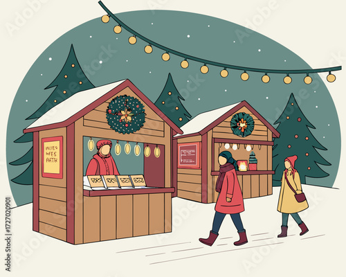 Festive Christmas market scene with small wooden stalls selling mulled wine, gingerbread, and holiday decorations, surrounded by snow-covered streets, cheerful people