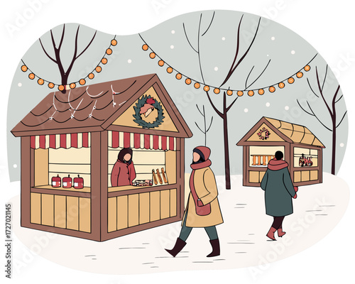 Festive Christmas market scene with small wooden stalls selling mulled wine, gingerbread, and holiday decorations, surrounded by snow-covered streets, cheerful people