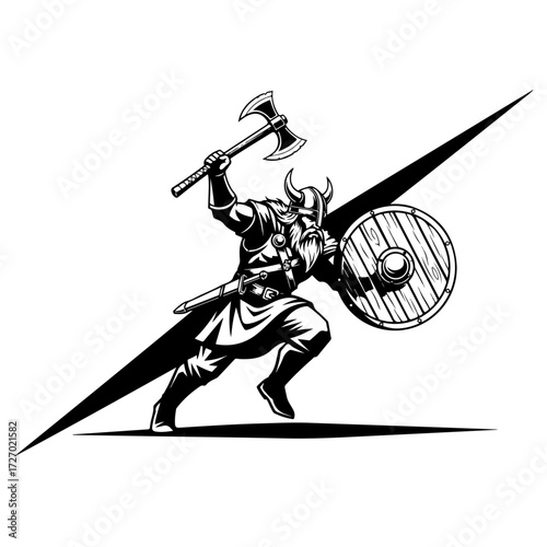Viking Warrior with Axe and Shield in Dynamic Pose.