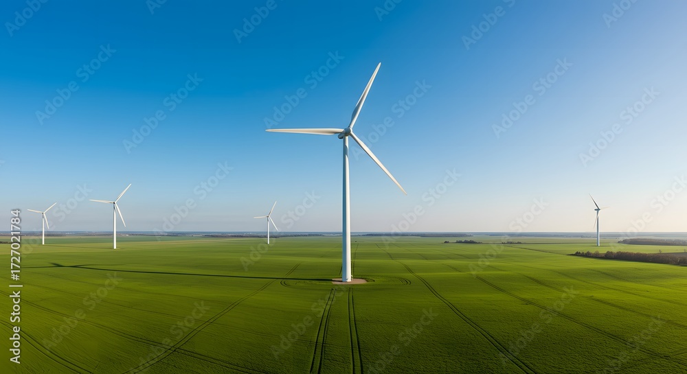 Fototapeta premium Wind turbines generating clean, renewable electricity in a vast green agricultural field under a clear blue sky