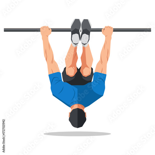 Man performing inverted pull-up exercise on horizontal bar for fitness.