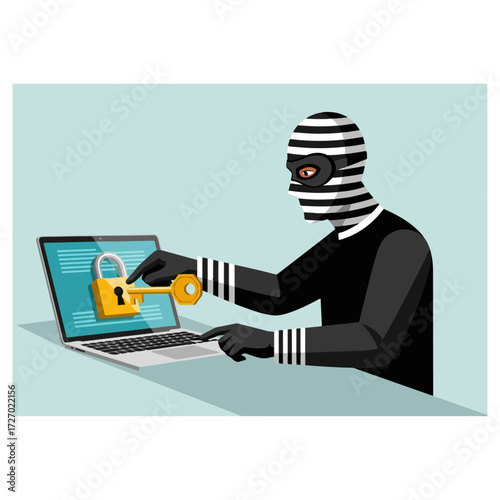 Cybercriminal Unlocking Laptop with Key - Data Breach Concept.