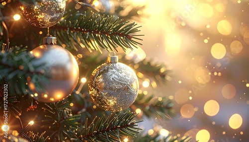 Closeup of a silver shiny bauble decoration hanging on a christmas tree, festive background wallpaper	