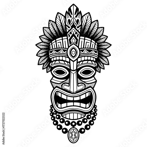 Tiki Mask with Feathers and Necklace Black and White Illustration.