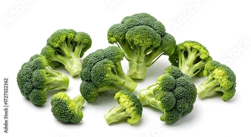 Fresh green broccoli florets, isolated on a white background.