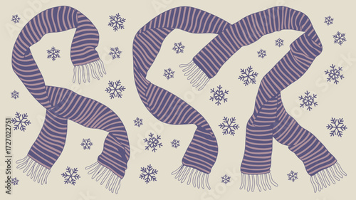 A patterned background with striped scarves and snowflakes scattered across the surface design artfully drawn