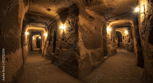 Underground tunnels with warm lighting