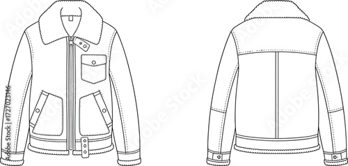 Shearling aviator jacket technical drawing, front and back fashion flat sketch, winter outerwear apparel design, detailed garment template, clothing vector illustration