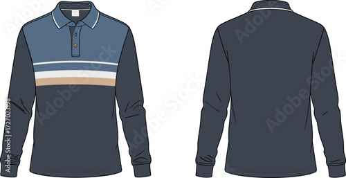 Front and back polo shirt illustration, color block fashion design, casual menswear apparel template, long sleeve garment flat sketch, clothing vector