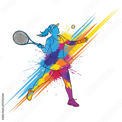 Tennis player in action with colorful artistic splash effect.