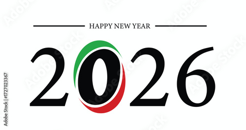 Happy new year 2026 text with a stylized 0 featuring green and pink swirls, isolated on a white background