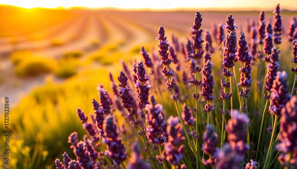Fototapeta premium Lavender flowers bloom in vast fields as the sun sets with a warm golden glow.