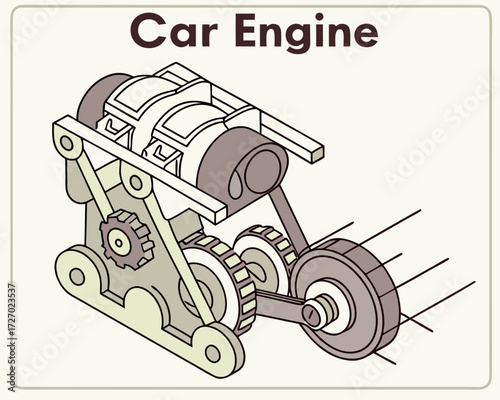 Detailed cutaway illustration of a car engine showing pistons, gears, and mechanical parts, with labeled components in an educational infographic style.