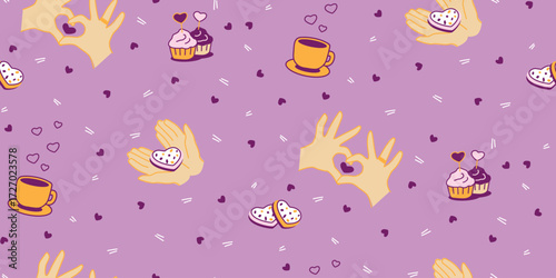 Playful seamless Valentine’s Day pattern with pink background, coffee cups, cupcakes, flying hands forming hearts and sweet romantic pastries