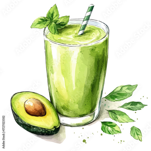 watercolor of Avocado Smoothie, vector, isolated on a white background.