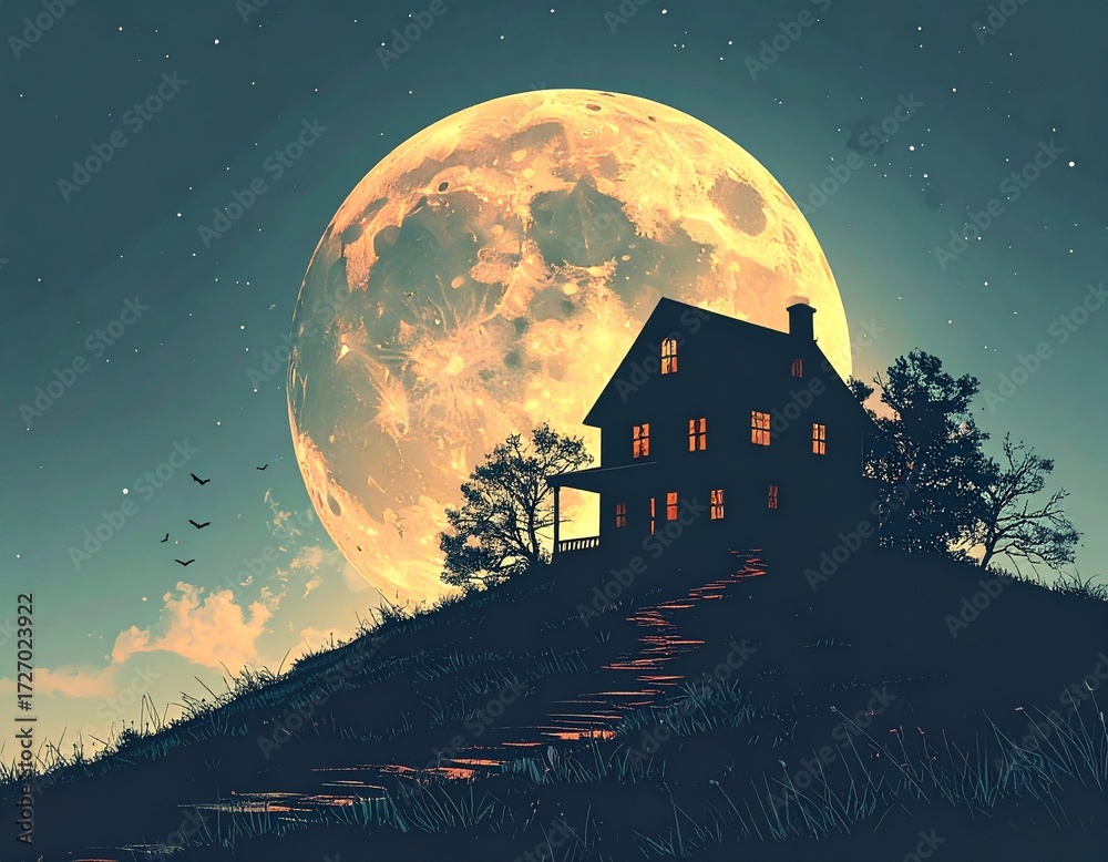 Naklejka premium Mystical Moonlight Manor A Silhouette of a House Under a Giant Moon on a Hilltop