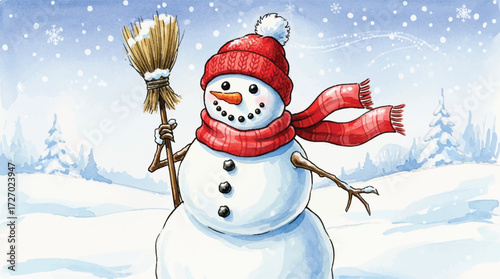 watercolor christmas snowman with red scarf and hat standing in snowy field, hand painted watercolor snowman with red winter scarf and hat in snow, festive watercolor christmas snowman illustration 
