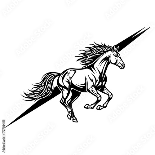 Elegant Horse Galloping Across Diagonal Line in Monochrome.