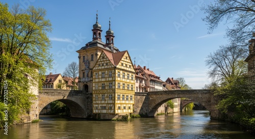 Historic european town architecture with bridge and river