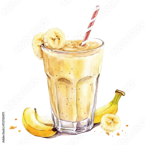 watercolor vector of Banana Smoothie, isolated on a white background.