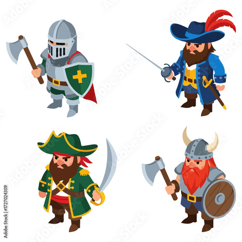Four cartoon characters - knight, pirate, viking, and another pirate.