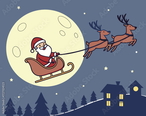 Cute Santa Claus flying across the night sky in a sleigh pulled by reindeer, with a full moon, twinkling stars, and snowy rooftops of houses below