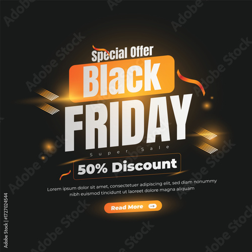 Special Offer Black Friday Super Sale vector banner, 50% Discount,