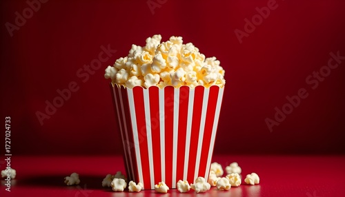 A popcorn box filled with fresh, buttery popcorn, against a delicately shaded dark red background.