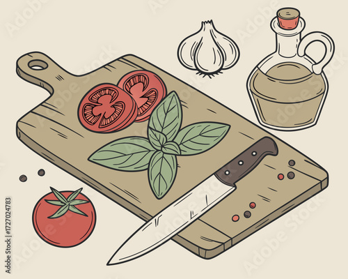 Culinary ingredients still life in vector realism with a wooden cutting board, chef knife, tomatoes, basil leaves, garlic cloves, olive oil bottle with reflections, and peppercorns,