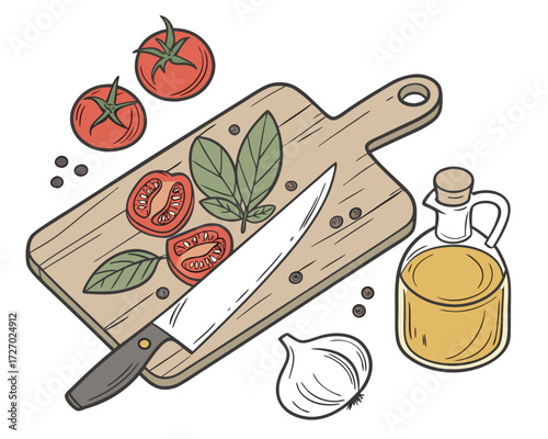 Culinary ingredients still life in vector realism with a wooden cutting board, chef knife, tomatoes, basil leaves, garlic cloves, olive oil bottle with reflections, and peppercorns,
