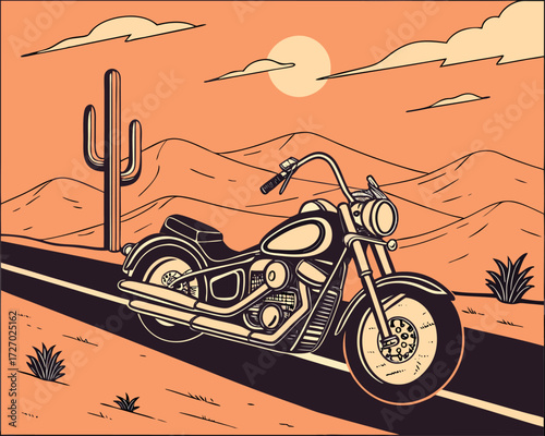 Classic cruiser motorcycle in black and chrome, parked near a desert road with cacti, mountains, and a dramatic orange sunset sky.