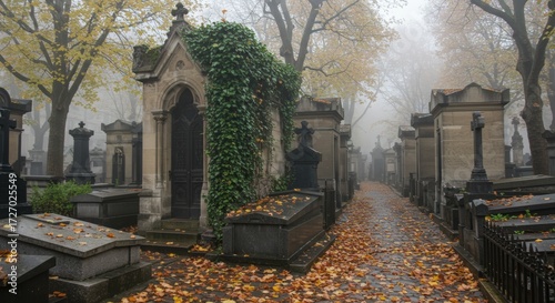 Misty cemetery path with autumnal foliage
