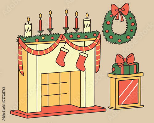 Brightly colored garlands, wreaths, candles, bells, and stockings adorning a mantelpiece, conveying the spirit of celebration and decoration typical of the Christmas holidays.