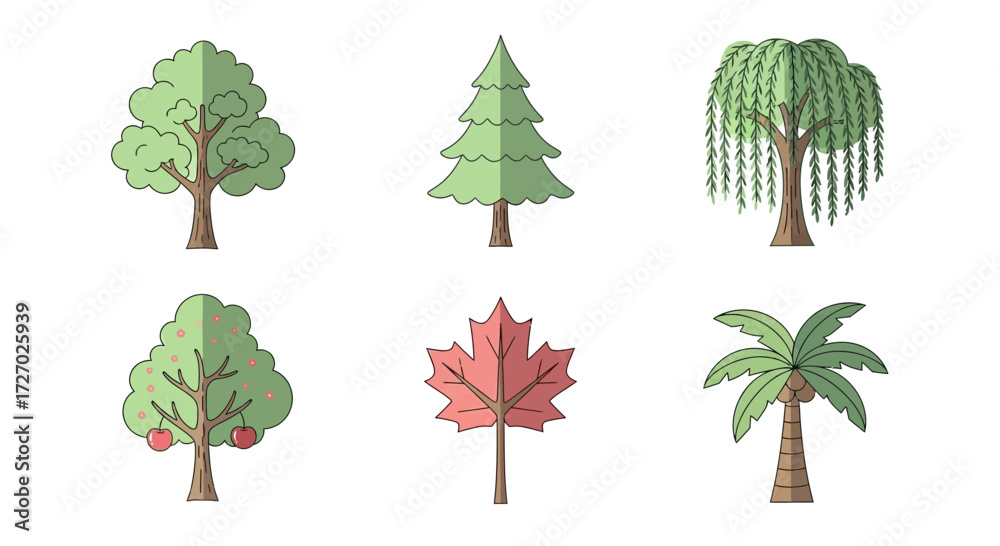 Fototapeta premium Set of different trees in a simple flat design, each representing a unique type, arranged to showcase diversity. Vector illustration