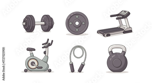 A set of various exercise equipment, representing a healthy lifestyle and fitness training Vector illustration