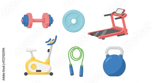 An array of fitness equipment set, perfect for a workout routine. The image features a treadmill, stationary bike, dumbbell, weight plate, jump rope and kettlebell Vector illustration