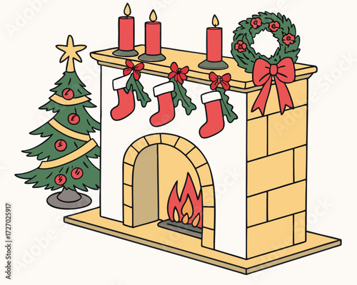 Brightly colored garlands, wreaths, candles, bells, and stockings adorning a mantelpiece, conveying the spirit of celebration and decoration typical of the Christmas holidays.
