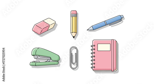 A set of colorful, flat lay illustrations of various stationery items, arranged neatly. Including a notepad, eraser, pencil, pen, paperclip, and stapler Vector illustration