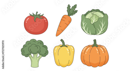 A colorful arrangement of fresh vegetables, including a tomato, carrot, cabbage, broccoli, pepper, and pumpkin. Vector illustration