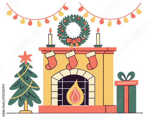Brightly colored garlands, wreaths, candles, bells, and stockings adorning a mantelpiece, conveying the spirit of celebration and decoration typical of the Christmas holidays.