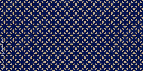Luxury golden minimalist background. Vector geometric seamless pattern with small diamond shapes, gems, flowers. Simple dark blue and gold shiny abstract texture. Elegant royal design for decor, print