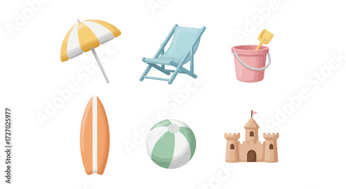 A collection of beach essentials, including an umbrella, beach chair, bucket, surfboard, ball, and sandcastle. These items evoke the feeling of a sunny day at the beach Vector illustration