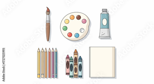 Art supplies illustration, creative tools set. Artistic equipment flat lay on the table. The art set features a paint brush, a color palette, paint tube, pencils, crayons. Vector illustration