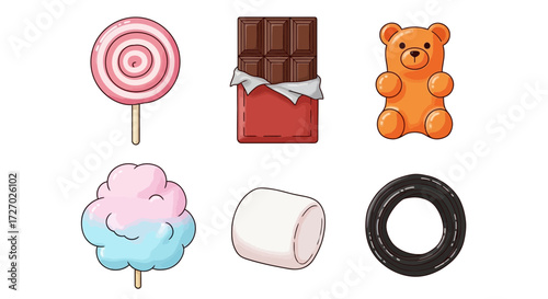 Assortment of delectable sweets arranged artfully: Lollipop, Chocolate, Gummy Bear, Cotton Candy, Marshmallow, and Doughnut Vector illustration