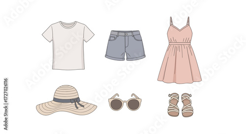 Fashion essentials for summer style. The image features a collection of clothing and accessories, with shorts, a dress, a hat, a pair of sunglasses, a T-shirt and sandal Vector illustration