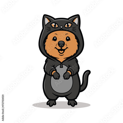 Happy quokka wearing a black cat costume stands upright with a cheerful expression, its paws gently resting on its belly, creating a whimsical and endearing scene.
