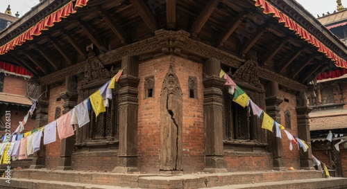 Ancient wooden building facade with colorful flags